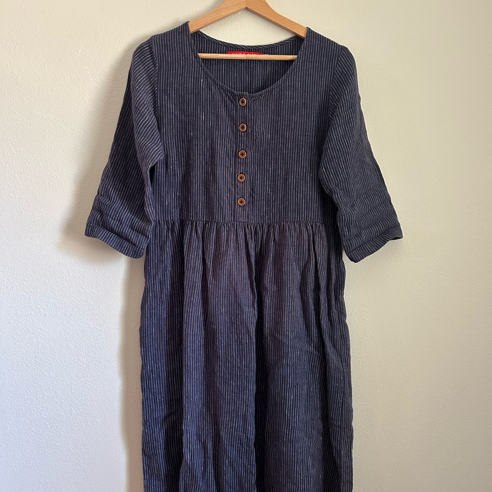 Pyne & Smith Striped Navy Button-Front Midi Dress